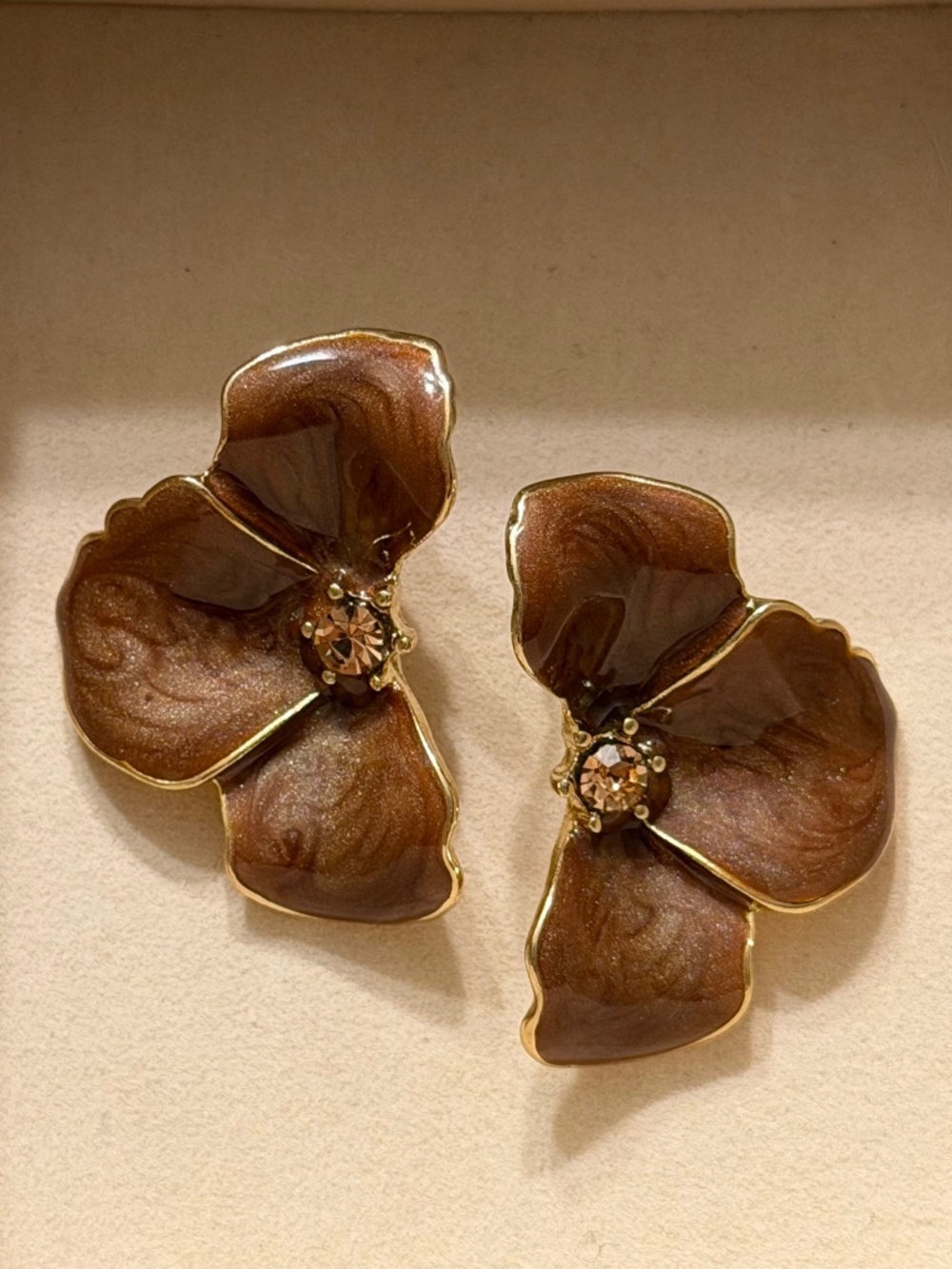 Golden Brown Half Flower Petal Enamel Statement Earrings Gold-Plated Edging